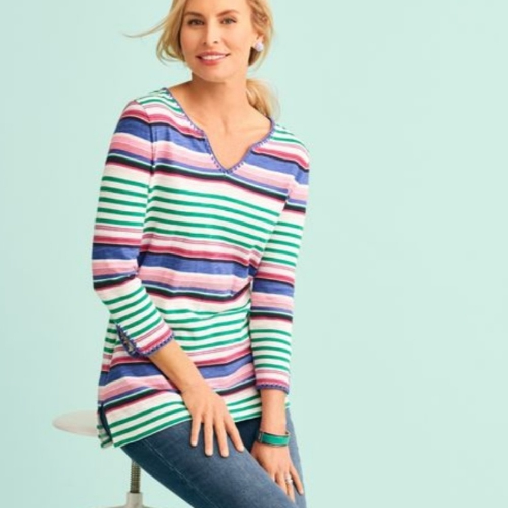 Talbots Naples Stripe Embroidered Split-Neck Tunic - image 1